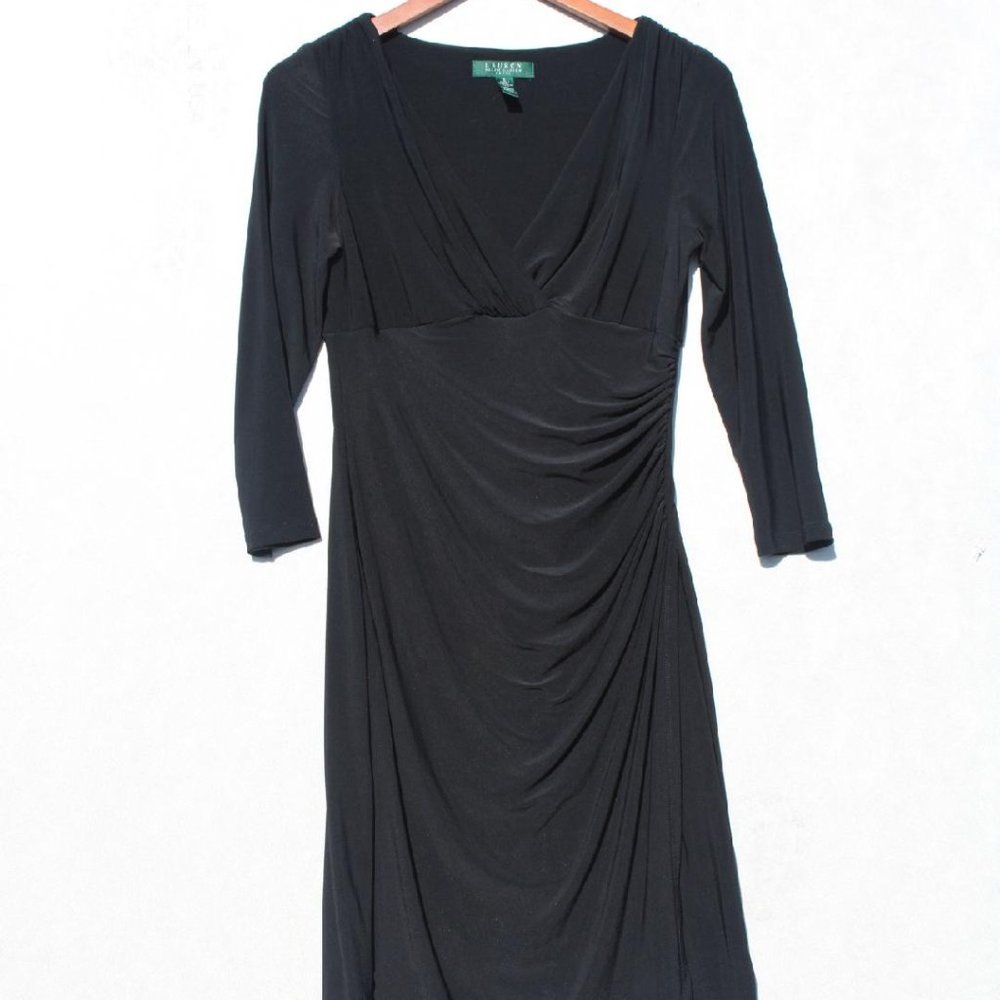 NWOT LAUREN Ralph Lauren Black Ruched Faux Wrap Sheath V-Neck 3/4 Sleeve Sz 6